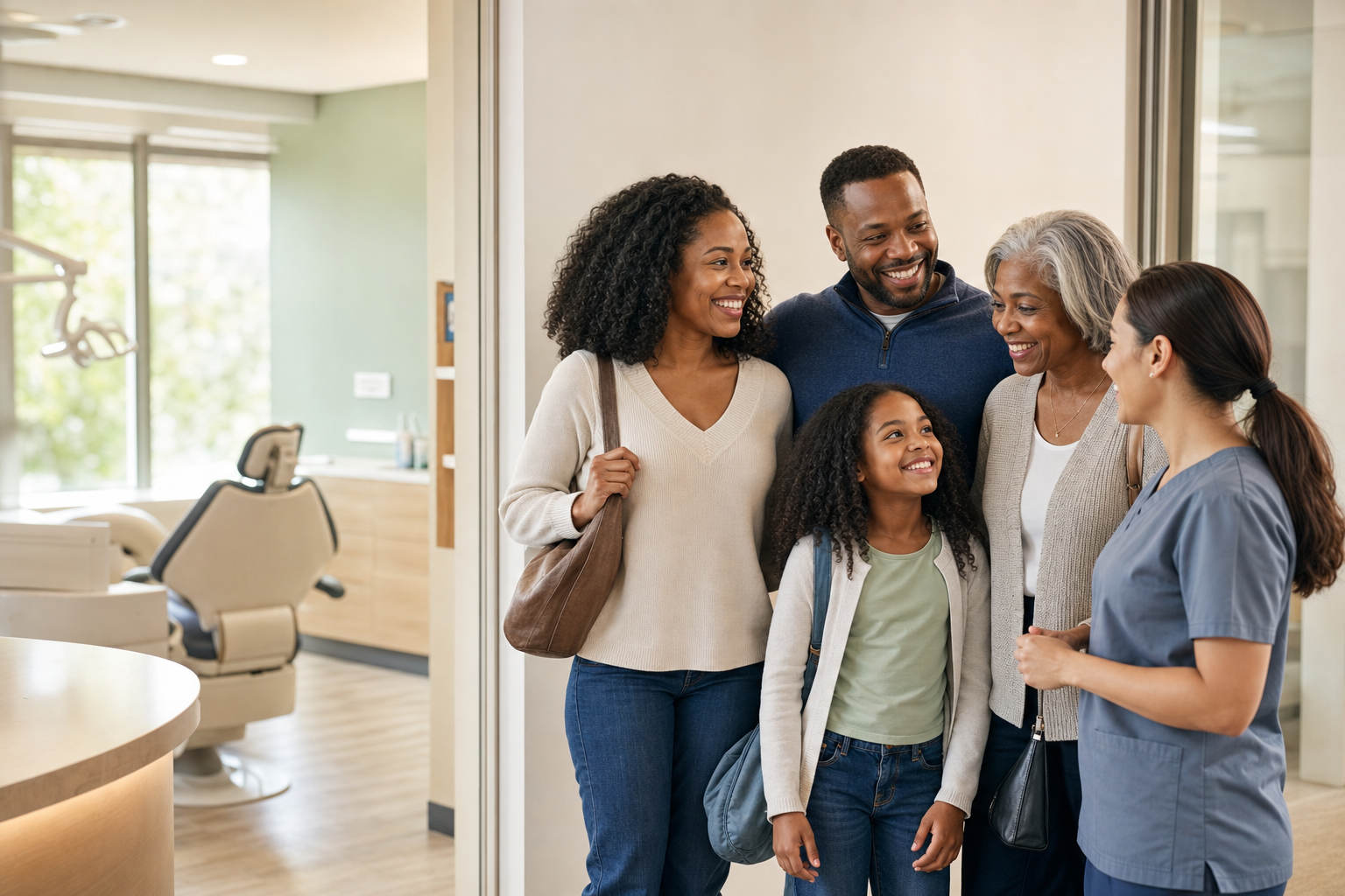 A family sharing a warm moment after a comfortable dental visit